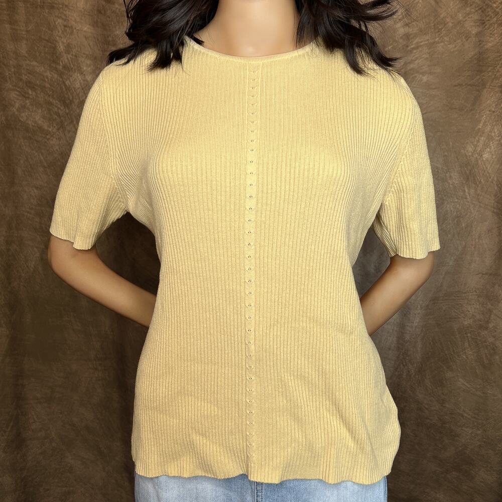 Worthington Vintage Short Sleeve Ribbed Sweater Yellow Cable Knit Women's Large